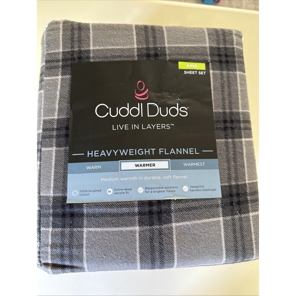 NEW Cuddl Duds KING 4Pc Sheet Set - Flannel Charcoal Plaid
